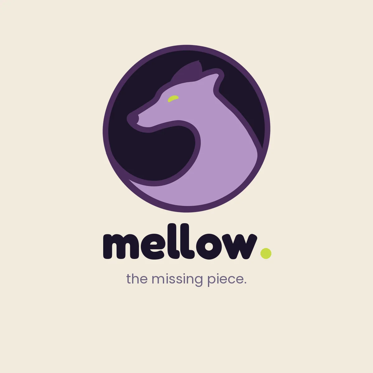 Mellow tagline lockup: dog mark, wordmark, and ‘the missing piece.’ tagline on cream
