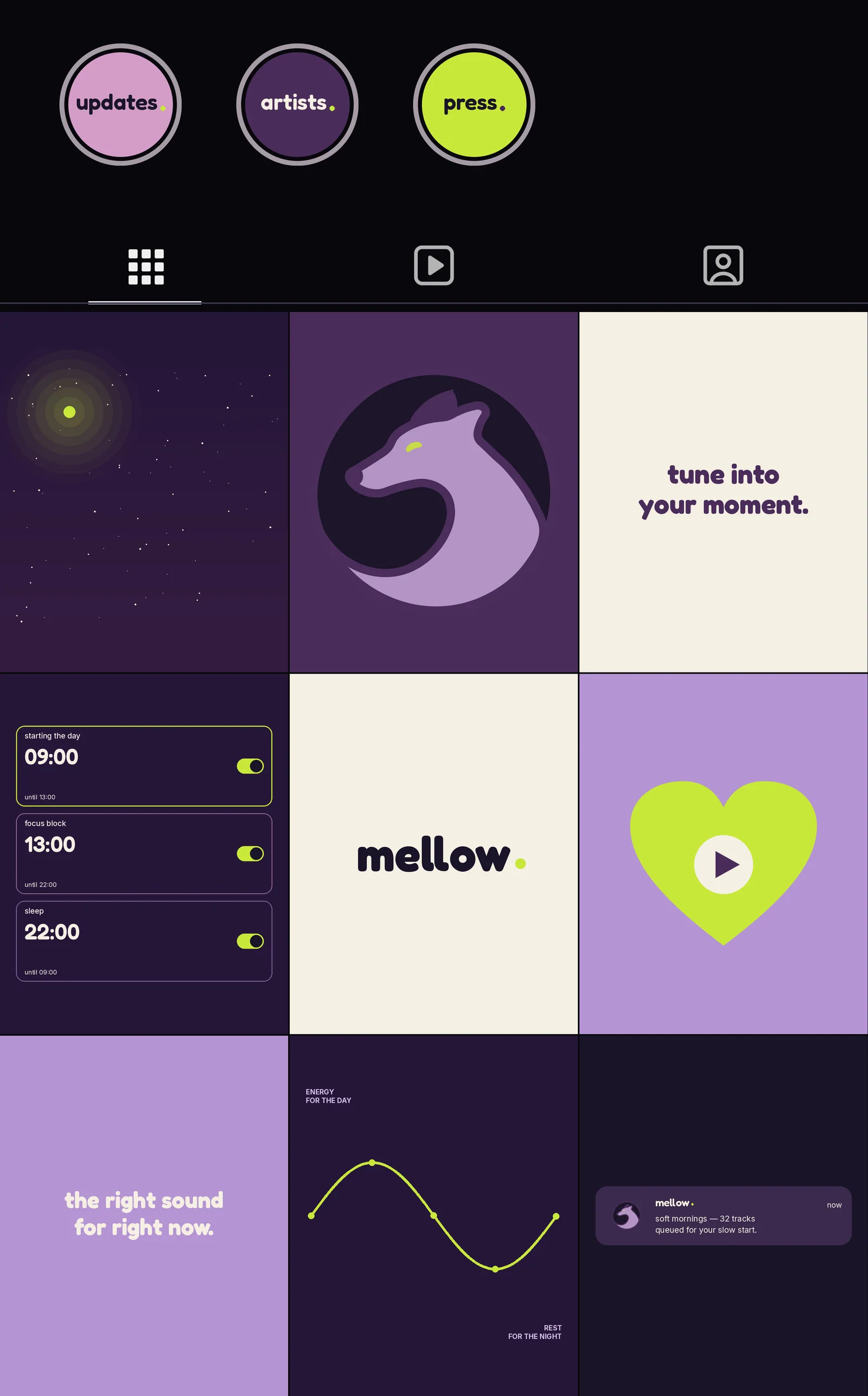 Mellow brand: Instagram grid on a phone mockup