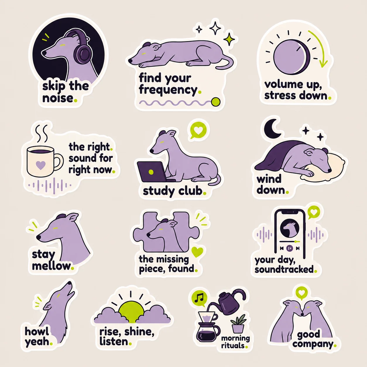 Mellow brand: illustrated sticker sheet