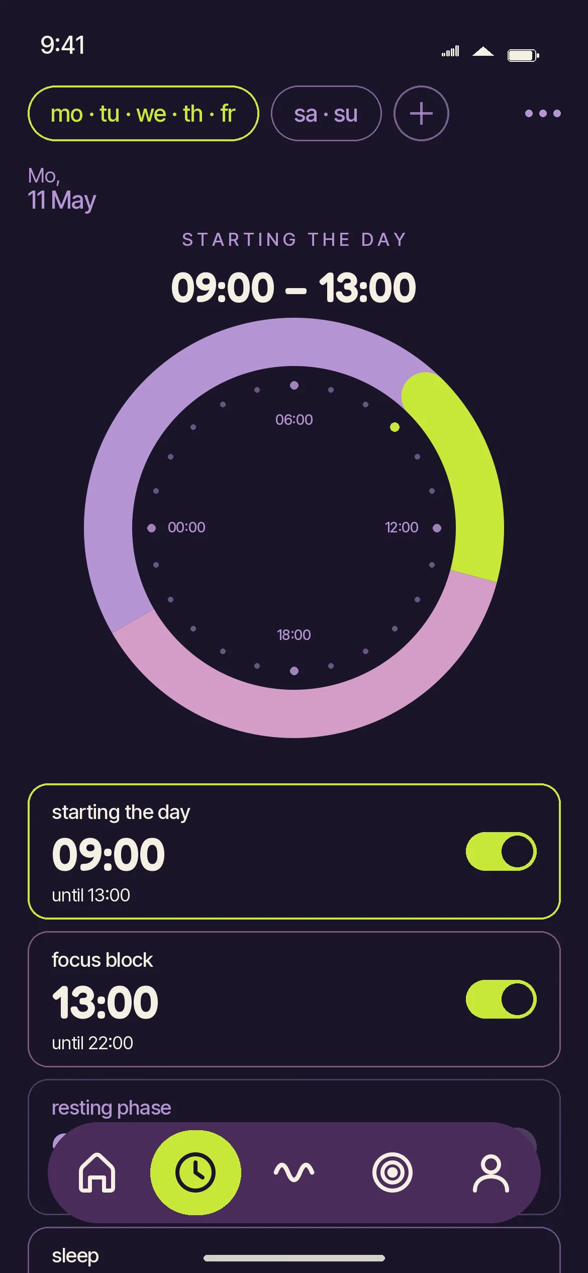 Mellow app: alarm screen, dark mode