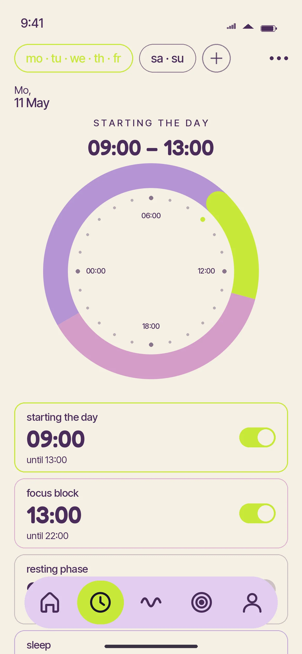Mellow app: alarm screen, light mode