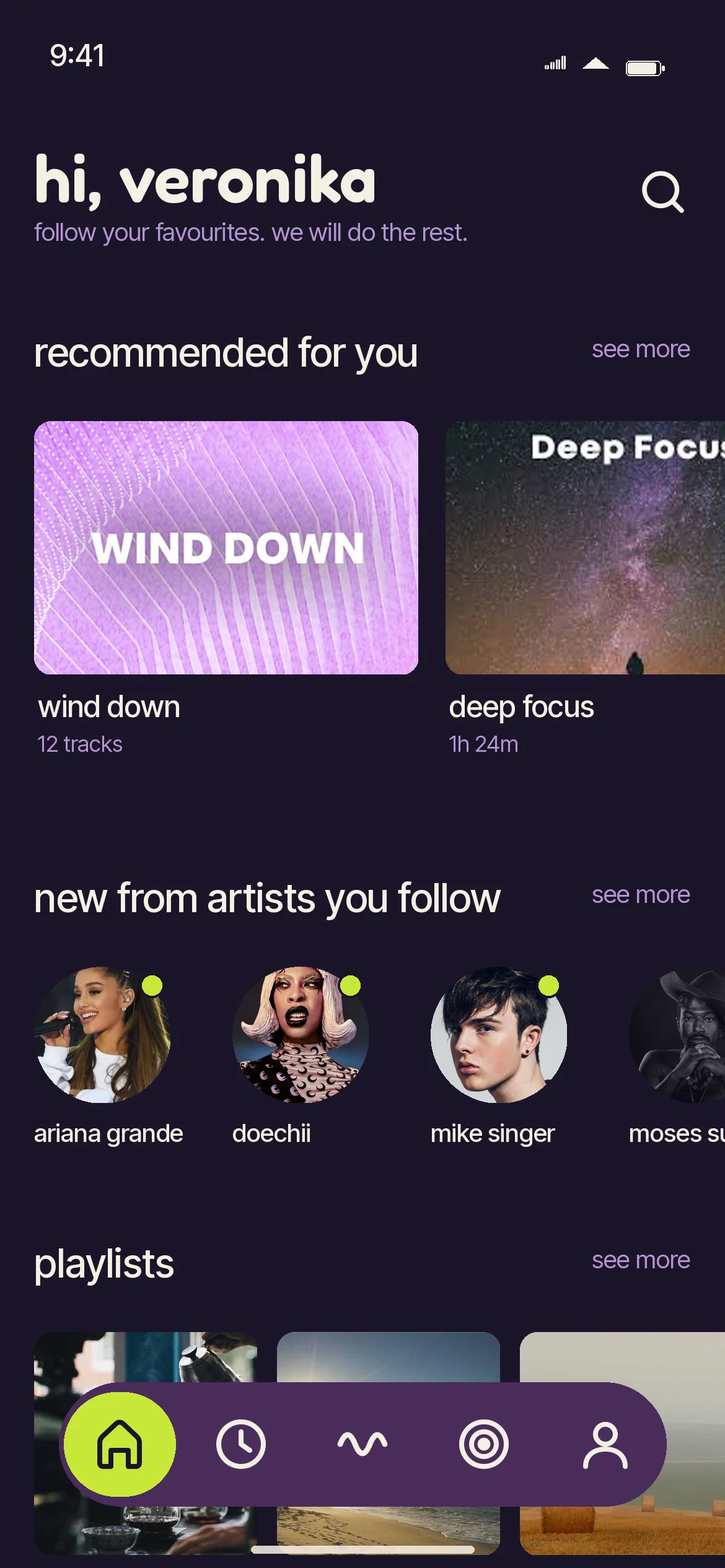 Mellow app: home screen, dark mode