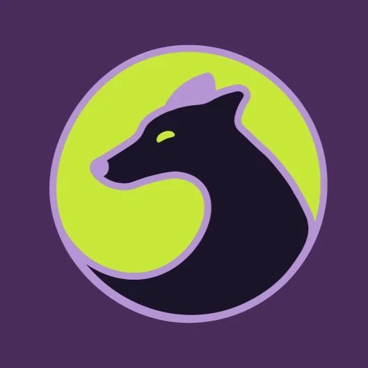 Mellow mascot: dark dog on plum
