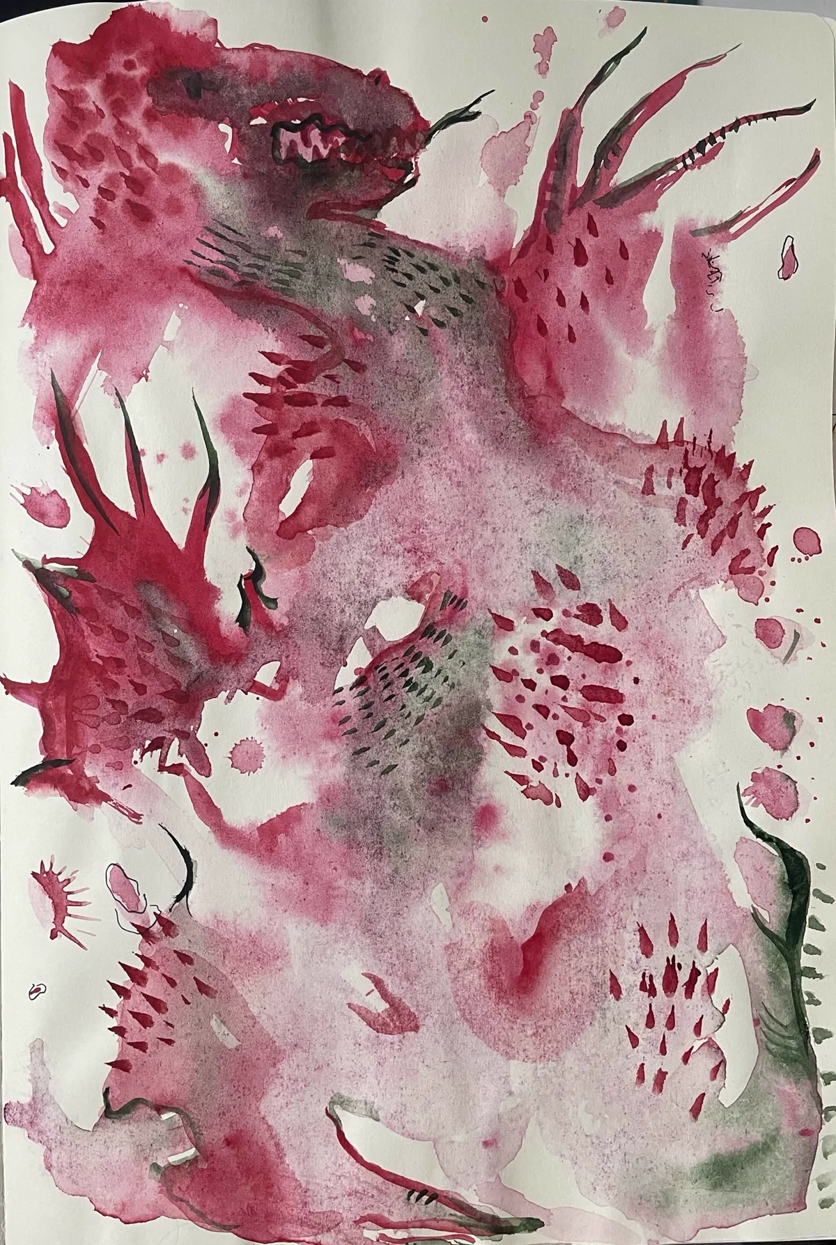 Watercolour study, dragons in petal and grey.