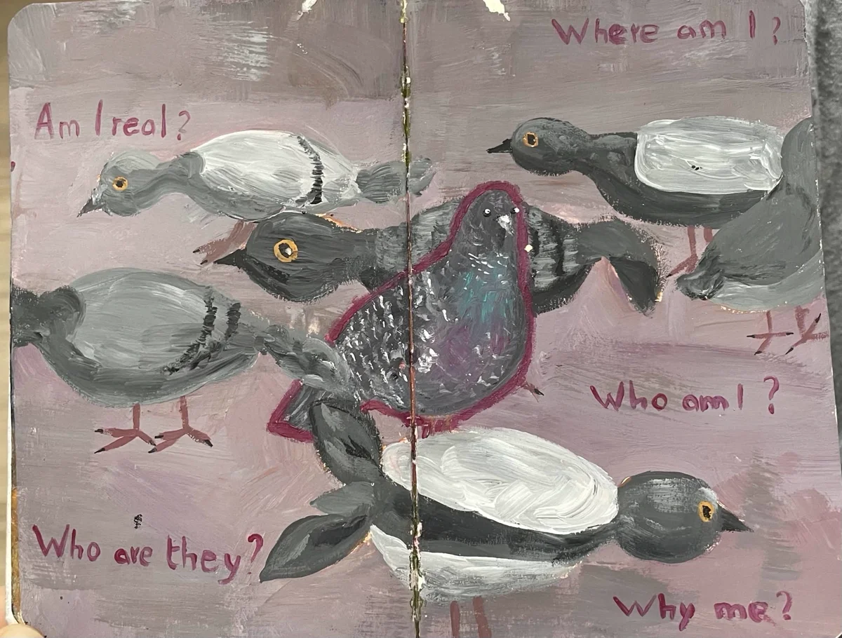 Gouache spread, pigeons asking philosophical questions.
