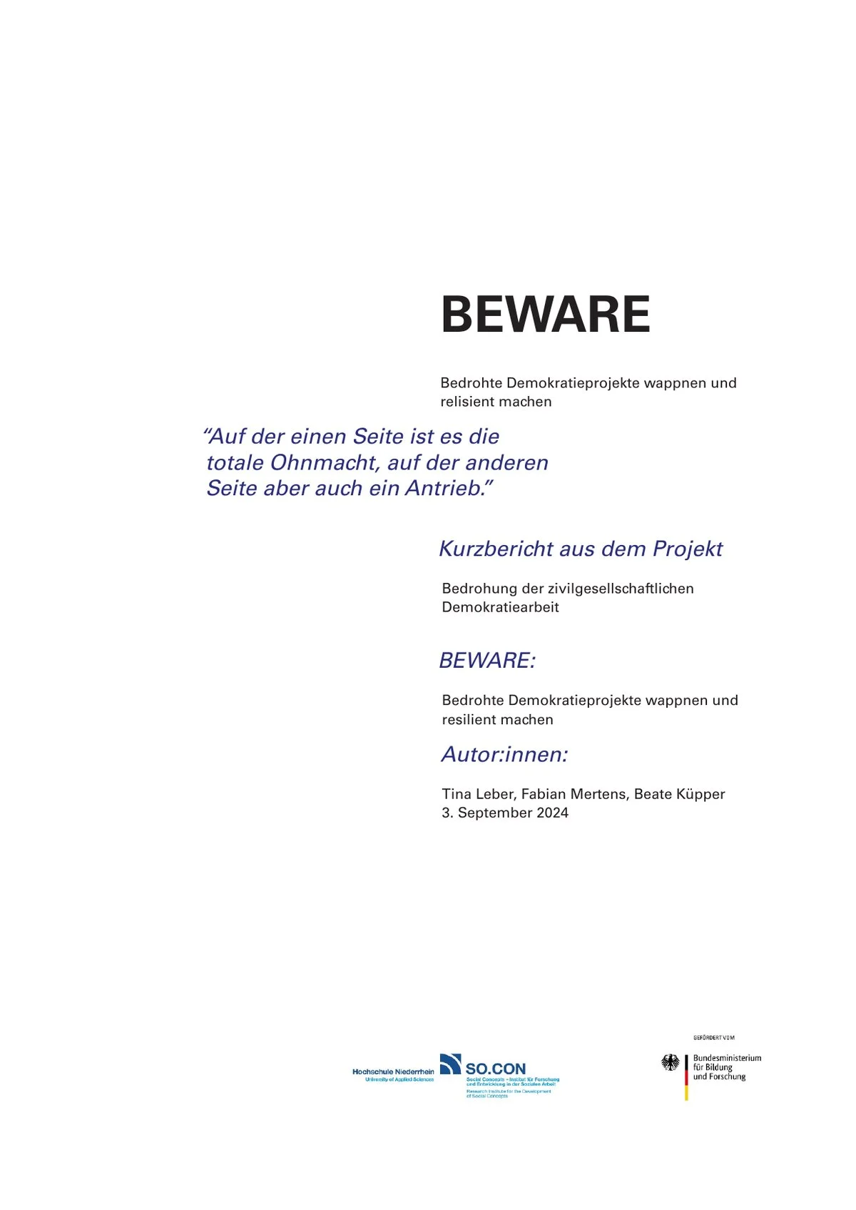 Cover page: the word BEWARE set large in bold sans, with a dark italic blue pull-quote below