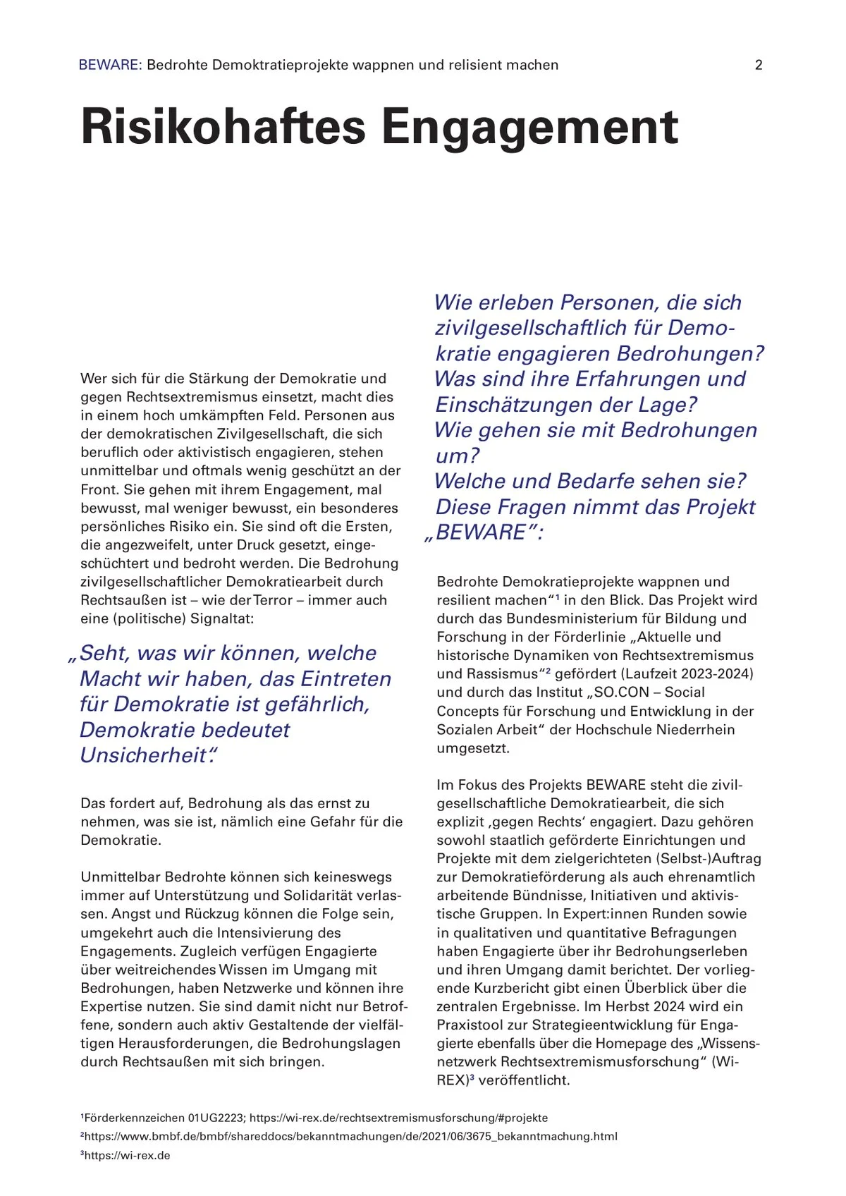 Chapter opener: Risikohaftes Engagement. Display headline with italic blue pull-quote and two-column German body text