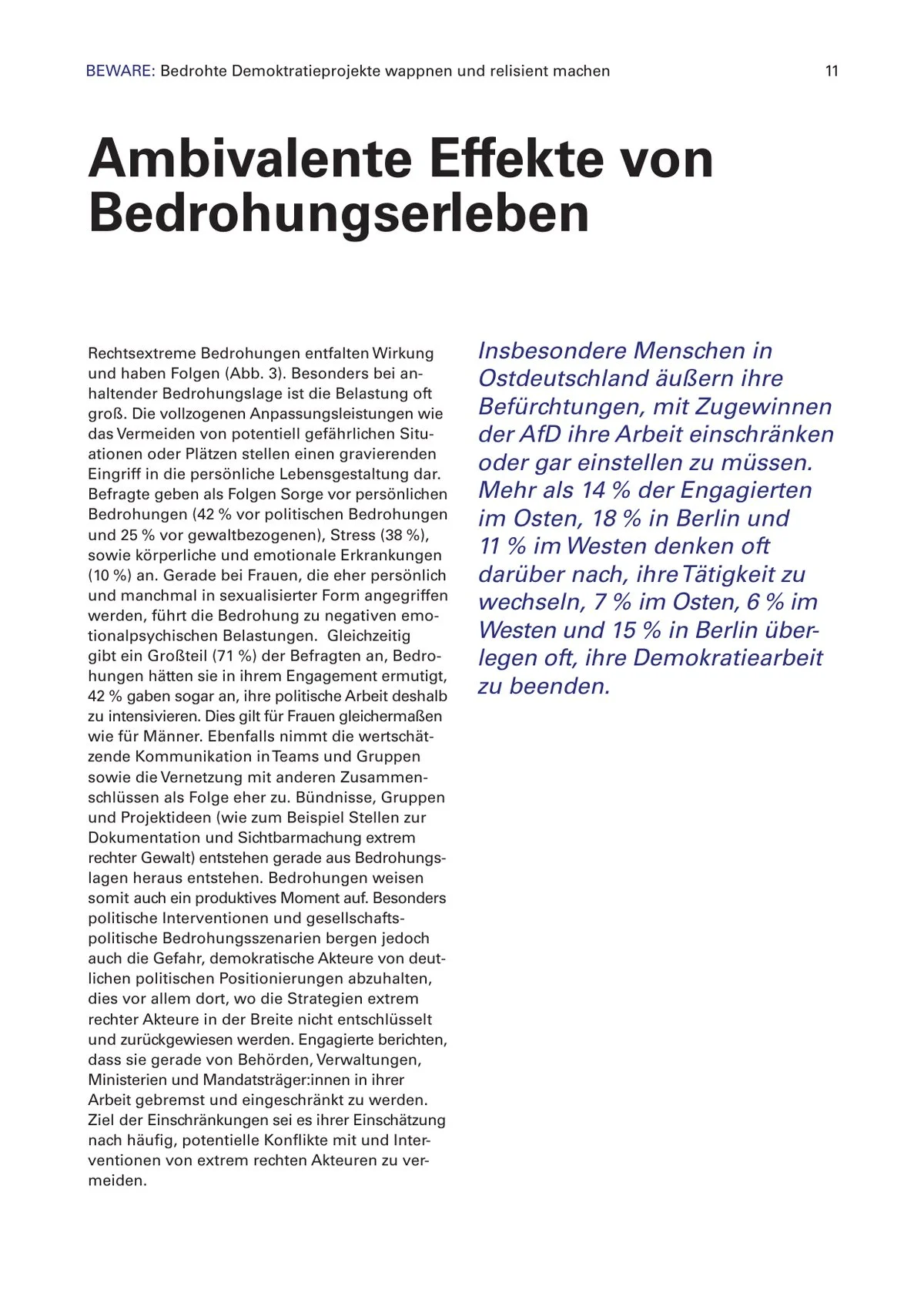 Chapter opener: Ambivalente Effekte von Bedrohungserleben. Display heading with two-column body and italic pull-quote
