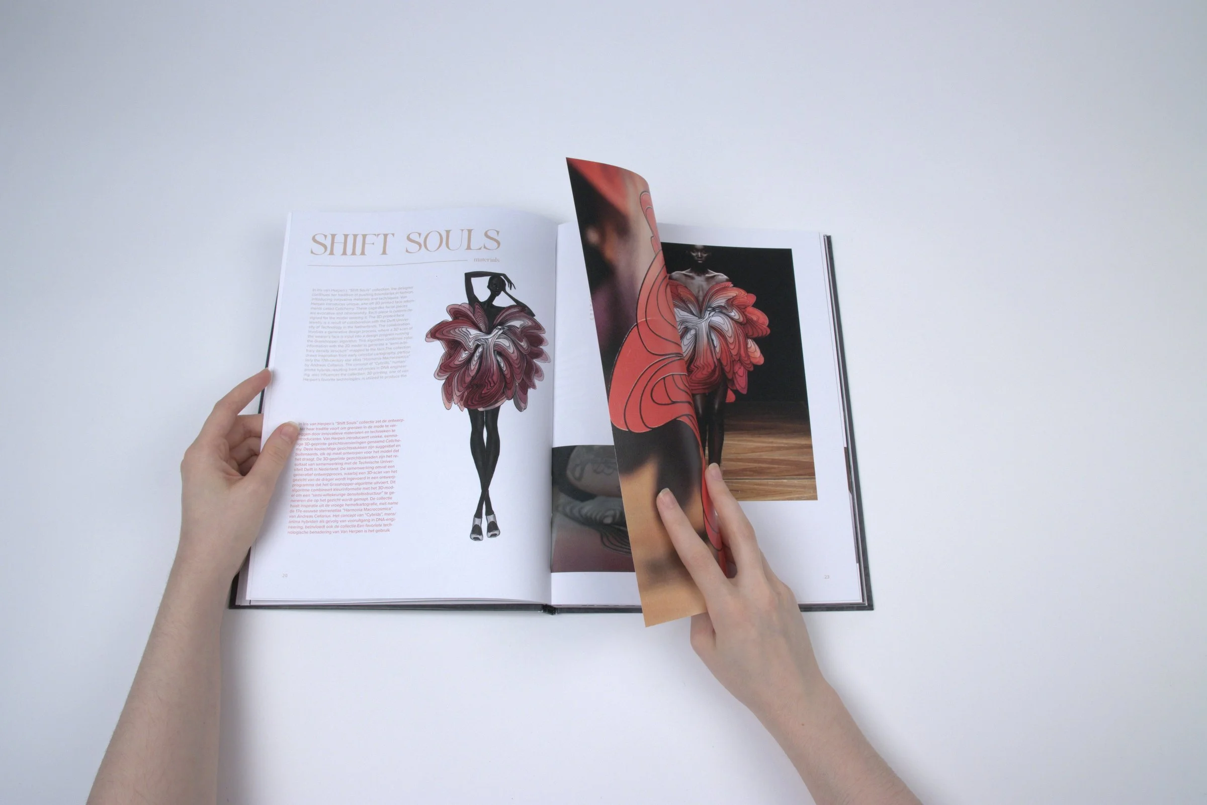 Shift Souls spread: translucent overlay revealing the full red dress photograph