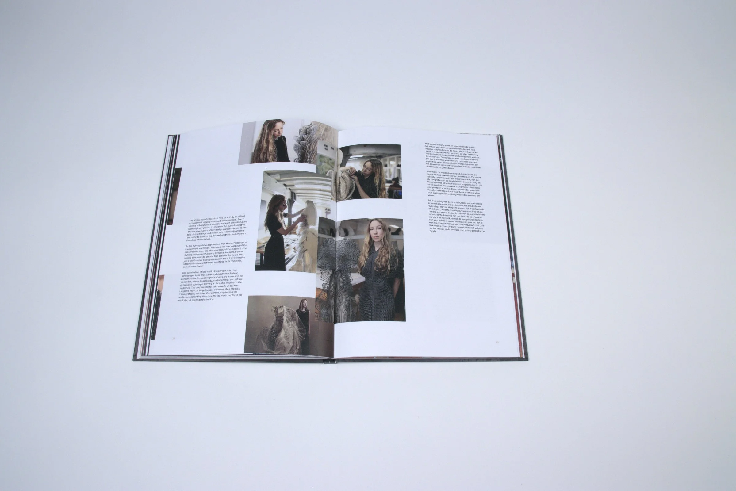 Behind the scenes spread: multi-image collage of Iris in her atelier, top-down view of the full spread