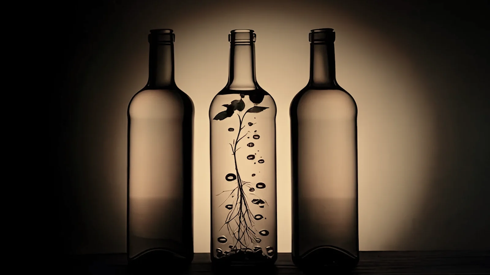Three identical bottles in silhouette against an amber glow, the middle one transparent with a herb steeping inside.