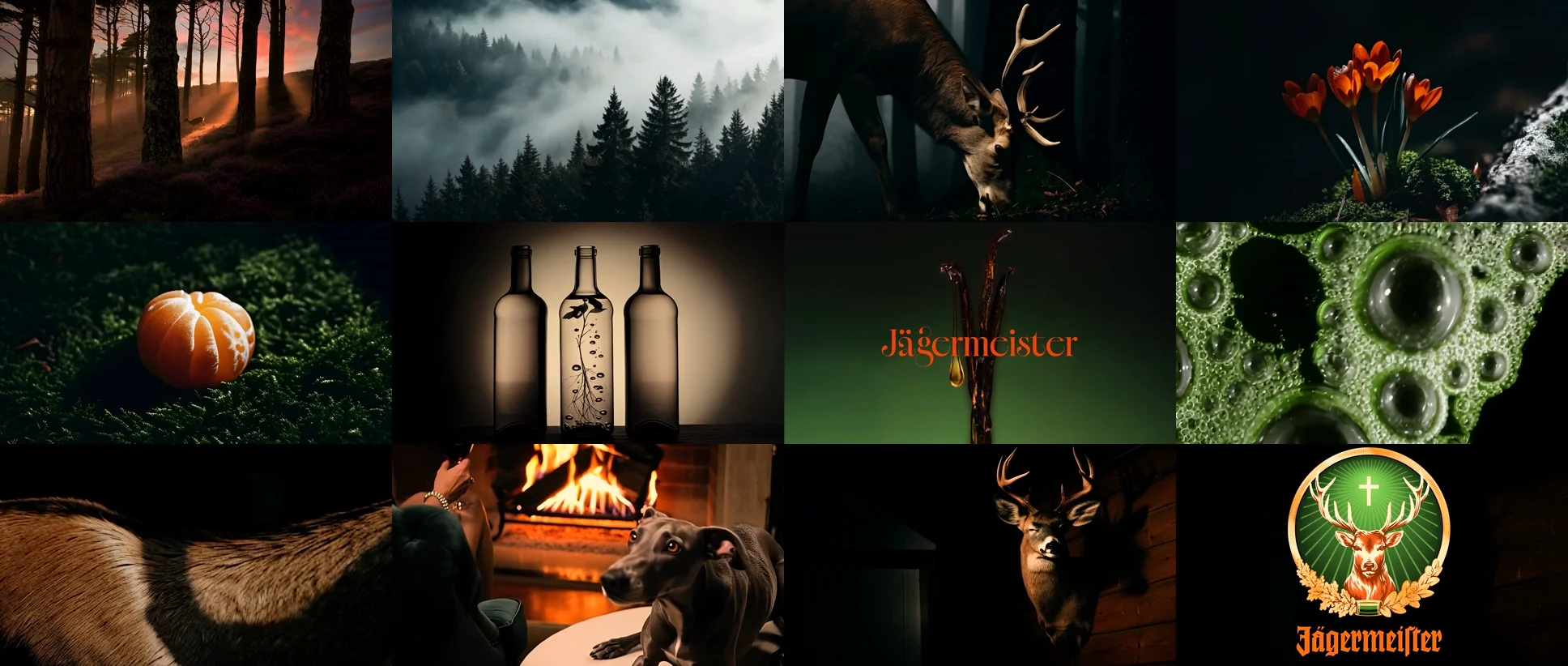 Contact sheet of twelve selected film frames: dawn forest, misty pines, deer in fog, crocus flowers, tangerine on moss, three bottles with herb, Jägermeister wordmark, green bubbles, deer profile, fireside, mounted buck, antler logo.