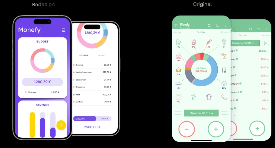 Side by side comparison: redesigned Monefy app on the left, clean violet ground and white card system; original app on the right, busy green theme with hand-drawn icon pie.