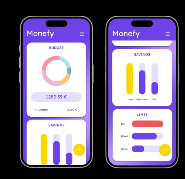 Two-phone close-up of the redesign: Budget screen with pink donut chart and amount, Savings and Limits screen with yellow and violet bar charts.