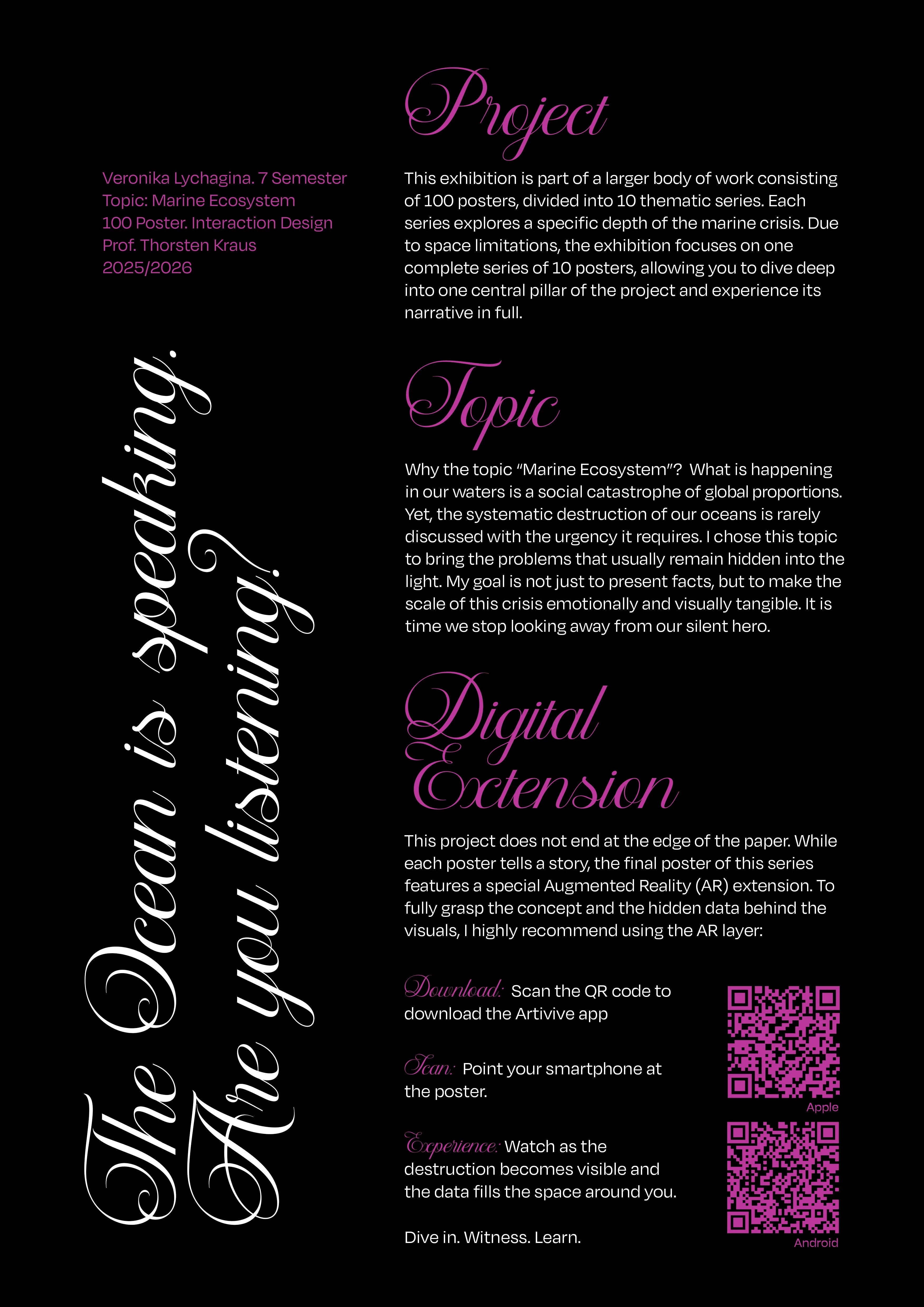 Explainer poster: The Ocean is speaking, with QR codes for the Artivive AR app