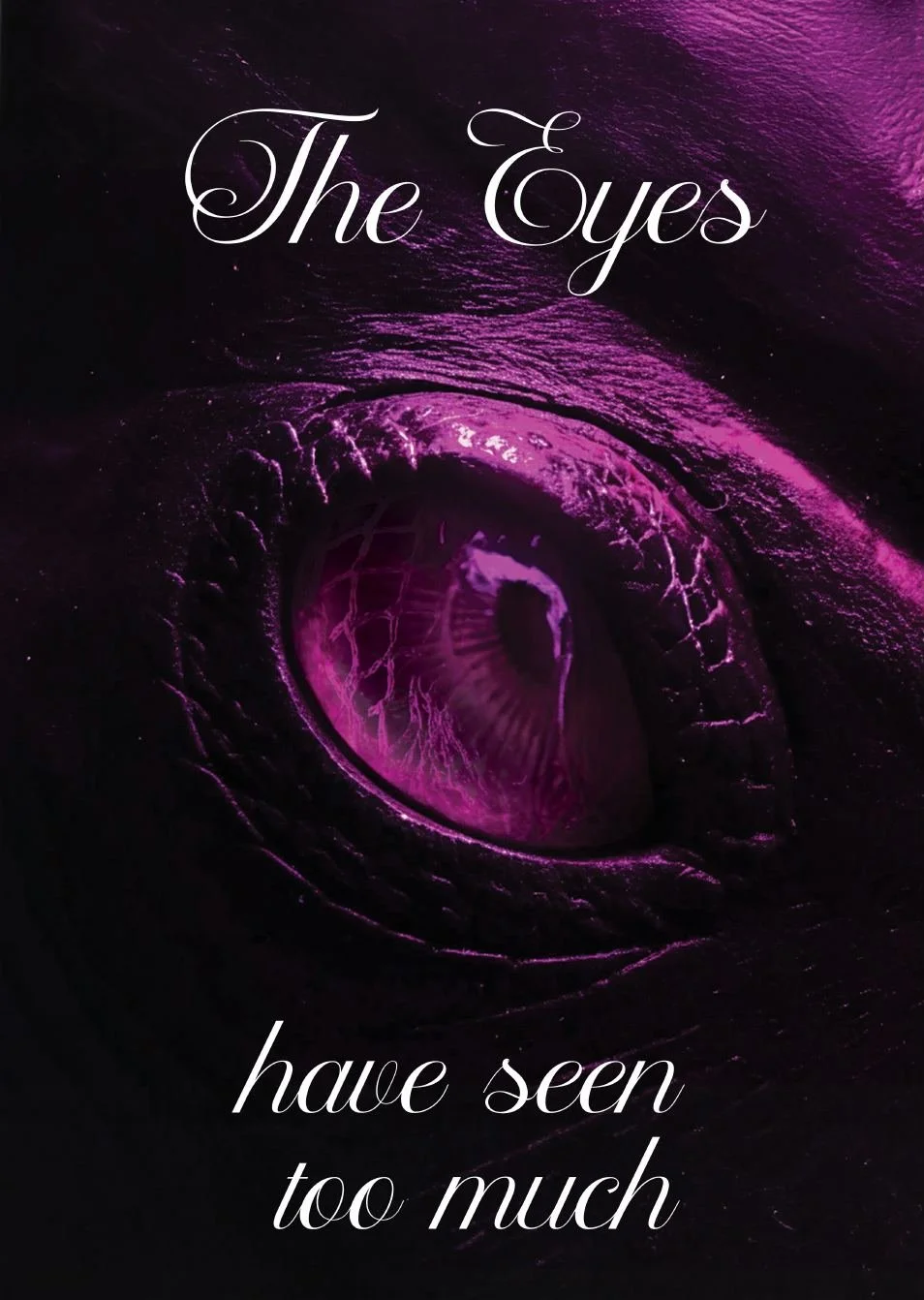 N° 019, Ghost gear. The eye of a marine creature in violet, captioned 'The eyes have seen too much'