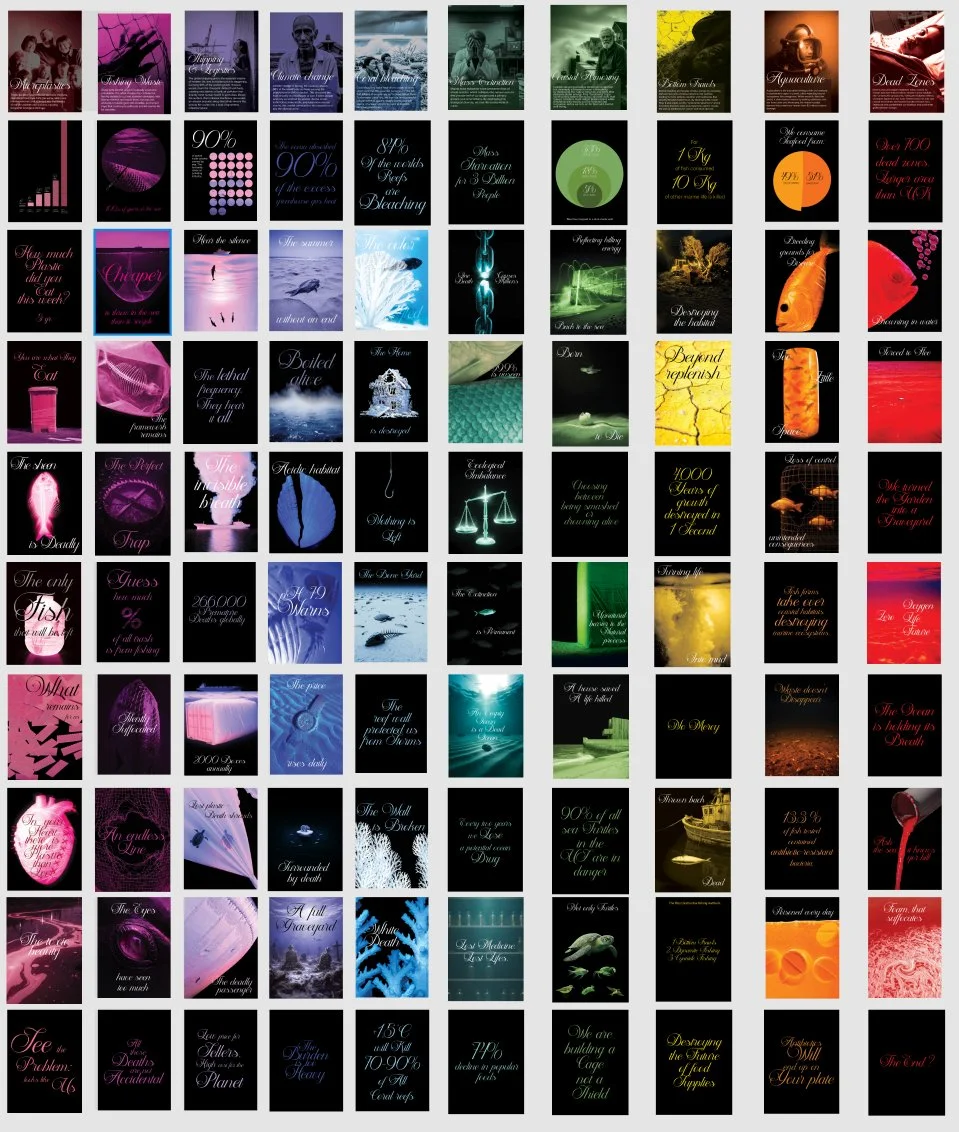 The full grid of 100 posters laid out as a 10x10 contact sheet, gradient flowing from magenta at series 01 to red at series 10