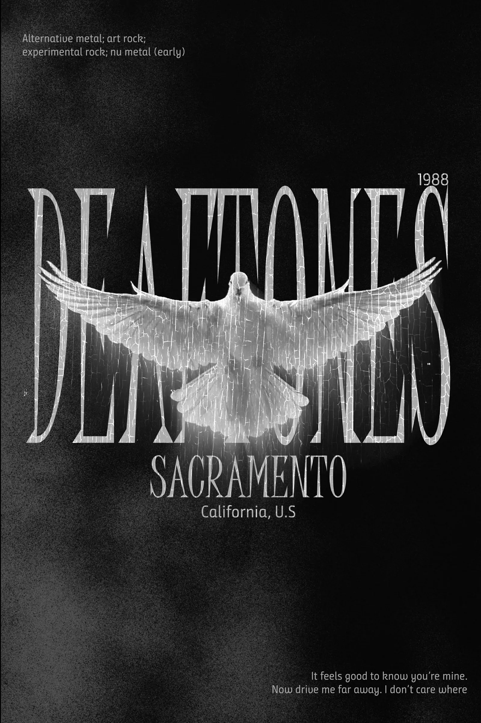 Deftones band poster: tall etched DEAFTONES type with white bird silhouette overlaid, Sacramento subtitle.
