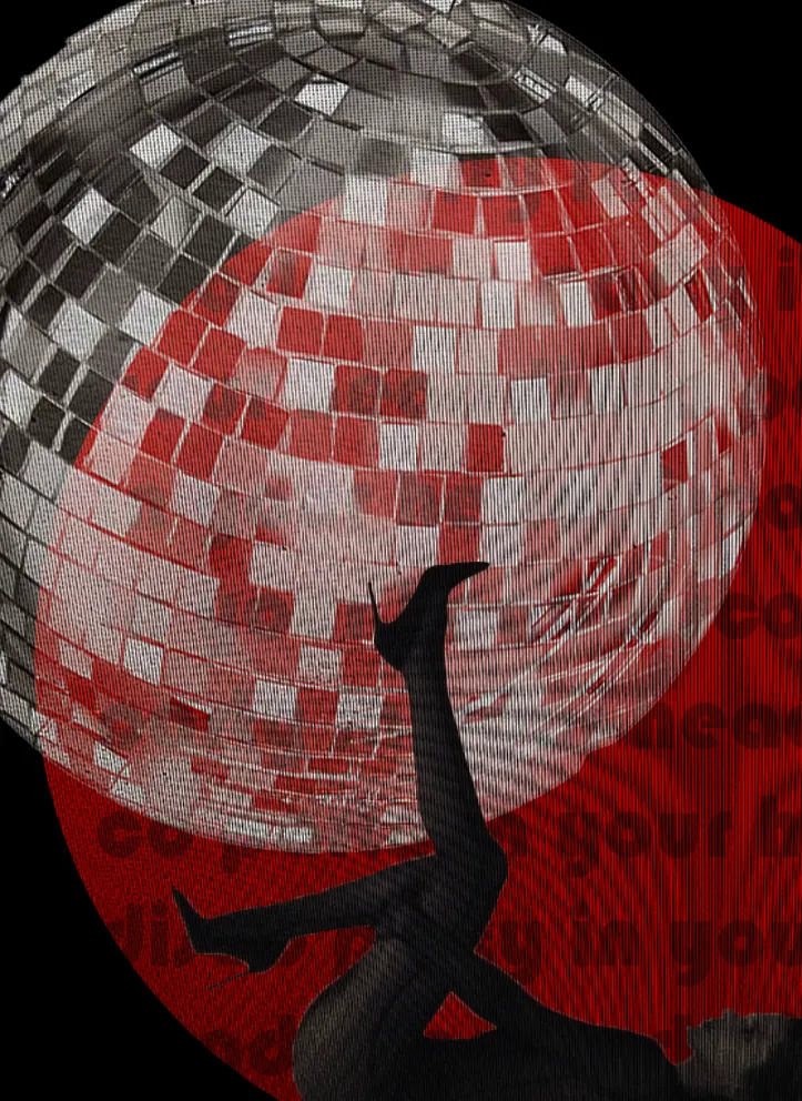 Disco-ball collage: mirrored ball overlaid on a red circle, falling figure silhouette, vertical text bleeding behind.