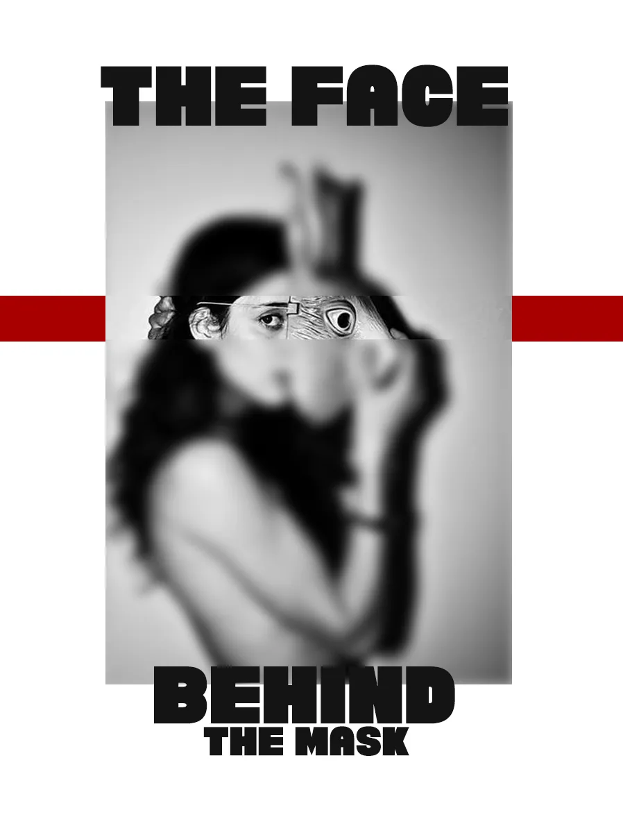Thriller-poster homage: black and white photo of a woman holding her face, horizontal letterbox slot revealing one eye, red bars top and bottom, stencil type.