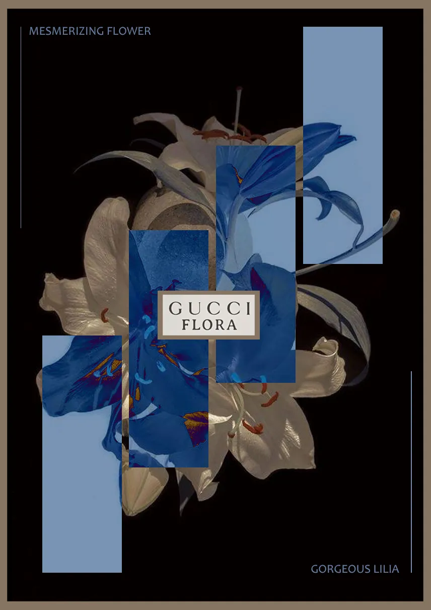 Gucci Flora fragrance poster: bottle on black ground with blue cross-shaped geometric rectangles, white and blue lilies, Mesmerizing Flower tagline.