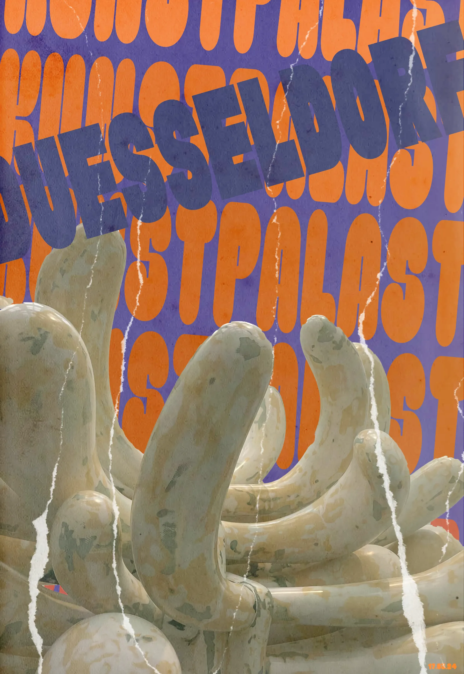 Kunstpalast Düsseldorf poster: a banana-like sculpture on a violet ground, repeating orange Pop lettering and torn-paper effects.