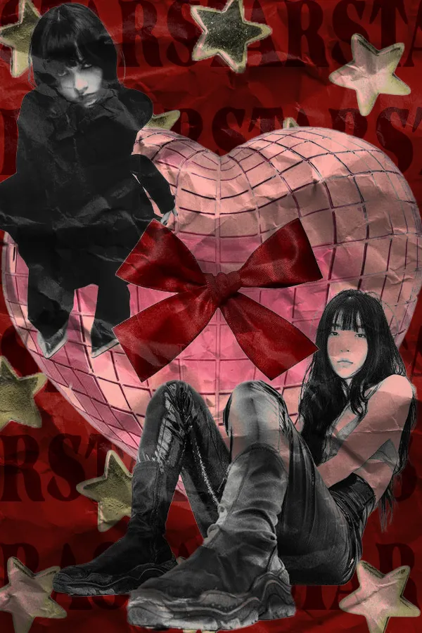 Y2K teen poster: pink disco-ball heart with red bow, two black and white goth-style figures, star stickers, red ground.
