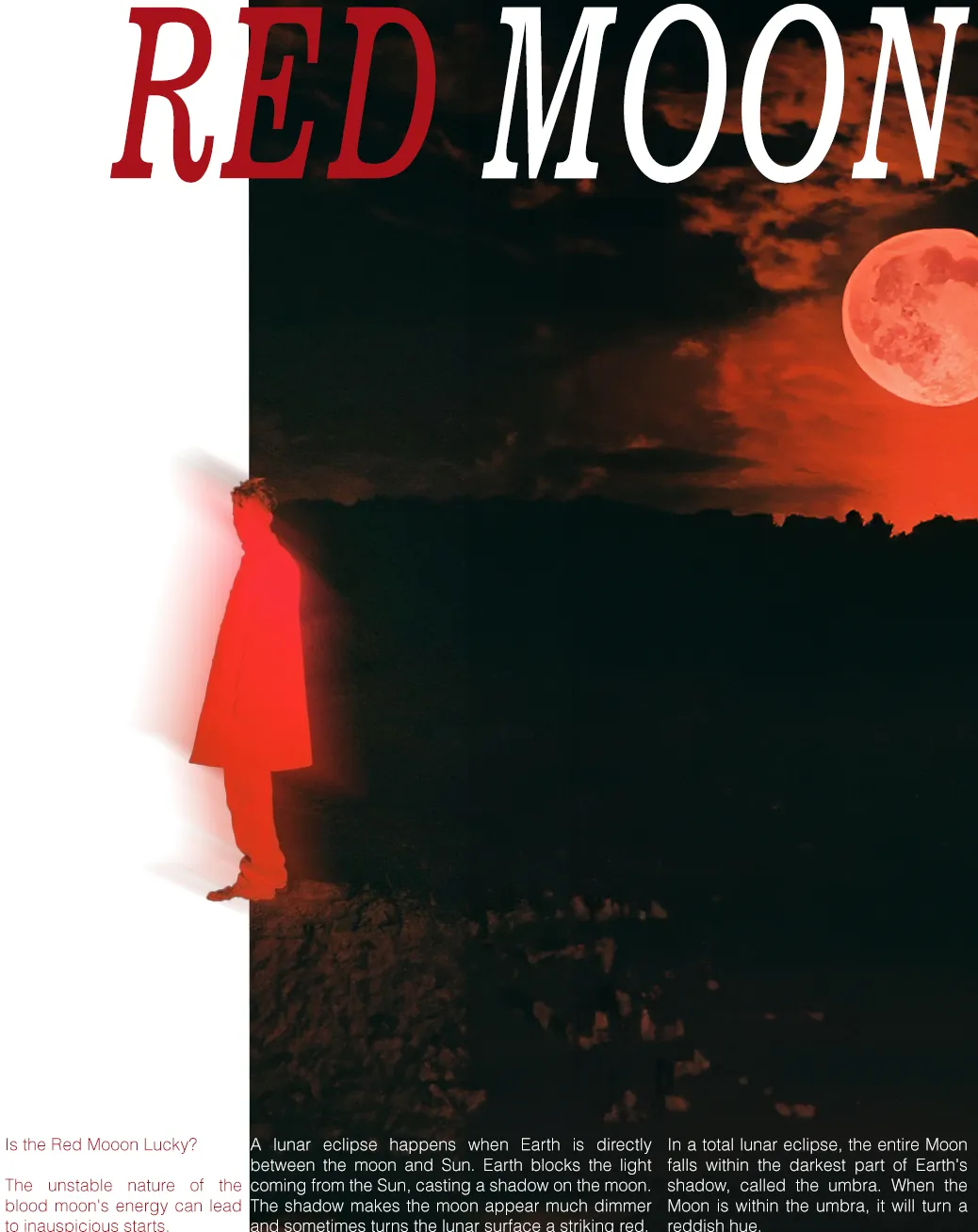 RED MOON editorial spread: blurred red-dress figure left, red-saturated lunar eclipse landscape right, body text columns about lunar eclipses.