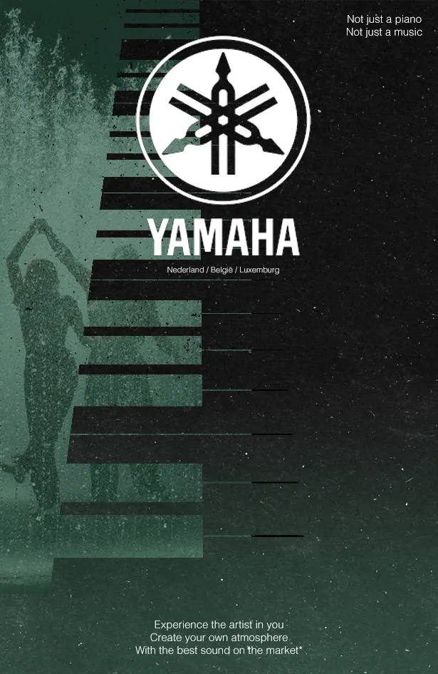 Yamaha spec ad: piano keys forming a staircase, dancer silhouette ascending, Yamaha logo and tagline on green ground.